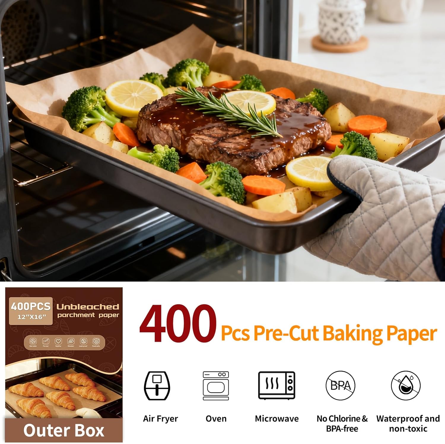 YUANYE Parchment Paper Baking Sheets - 400PCS Unbleached Precut Non-Stick 12"x16" for Oven & Air Fryer