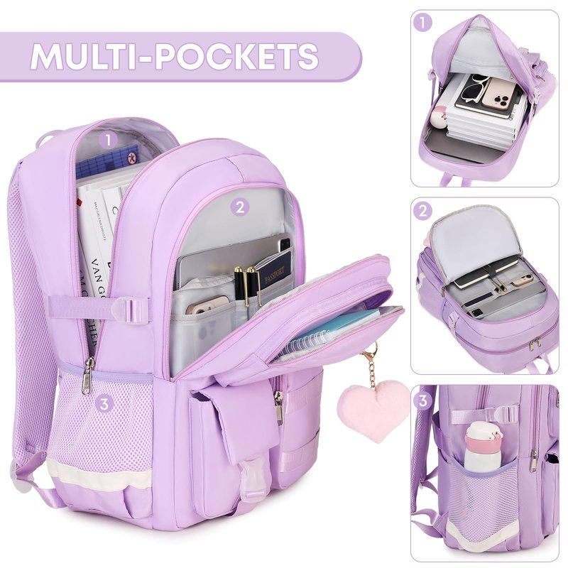 qodbopack 3PCS Student Backpack For School Women College Middle High Teen Girls Bookbag Waterproof Laptop Bag Purple