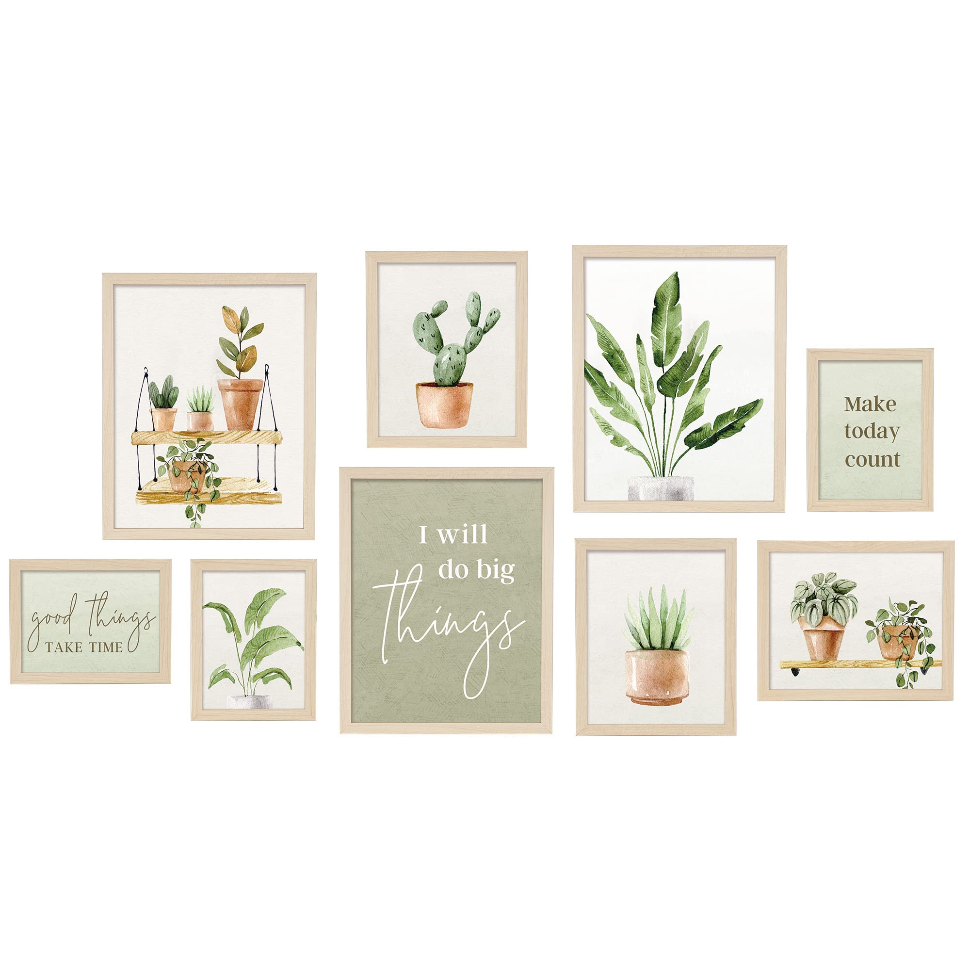 ArtbyHannah 9-Piece Botanical Gallery Wall Art Set, Sage Green Plant Prints with Wood Frames, Neutral Decor for Modern Living Room Bedroom Staircase Nursery