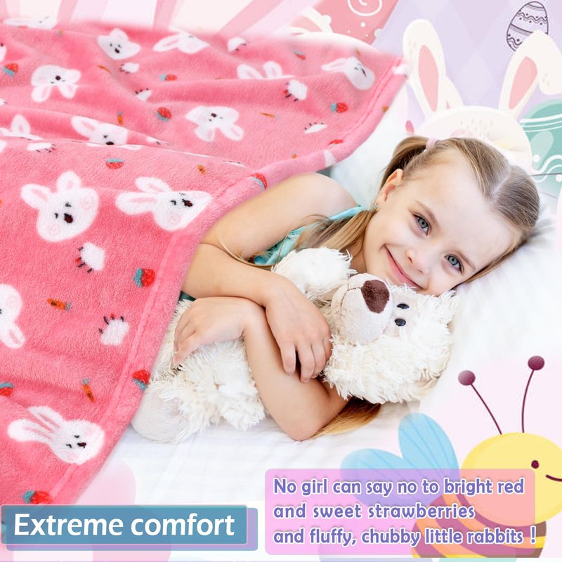 Warm Soft Toddler Fleece Blankets for Girls with Cartoon Bunny Pattern Print - Cozy Fuzzy Plush Flannel Kids Throw Blanket for Daycare & School - 50x60 inches (Pink)
