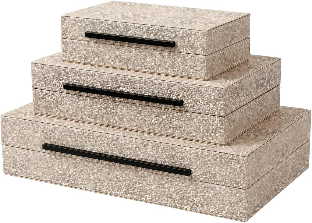 Skiennix Decorative Boxes - Set of 3 Faux Leather Storage Solutions | Large Ivory Nesting Organizers for Home Decor & Jewelry