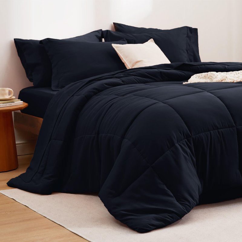 Bedsure Navy Bedding Sets King - 7 Pieces Solid Bed in a Bag, King Bed Set Navy with Comforter, Sheets, Pillowcases & Shams
