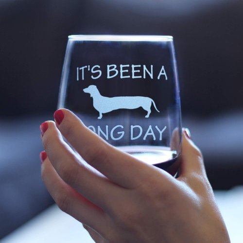 Bevvee It's Been A Long Day – Stemless Wine Glass - Funny Dachshund Gifts and Decor - Large 17 Ounce