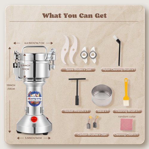 Moongiantgo 250g Safety Grain Mill Grinder 950W High-speed Electric Stainless Steel Dry Spice Grinder Pulverizer for Wheat Corn Rice Pepper Herbs Coffee Beans Dried Mushrooms, 110V