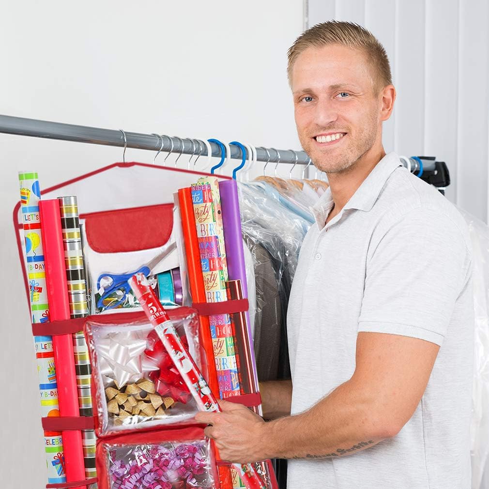 ProPik Wrapping Paper Storage Organizer - Double-Sided Design with Multiple Pockets, 40" x 17", Red