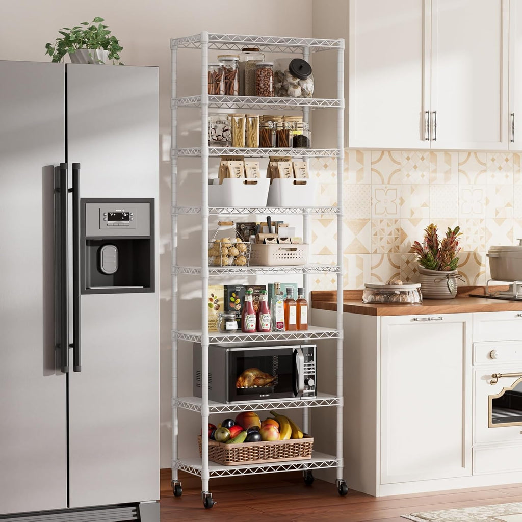SINGAYE 8-Tier Metal Shelf Organizer - Adjustable Wire Shelving Unit for Kitchen, Garage & Pantry | 12" D x 22" W x 74" H - White