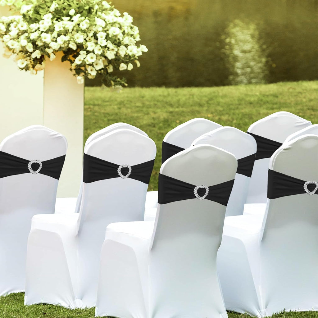 Skiennix Spandex Stretch Black Chair Sashes - Universal Elastic Covers with Buckle Slider for Events