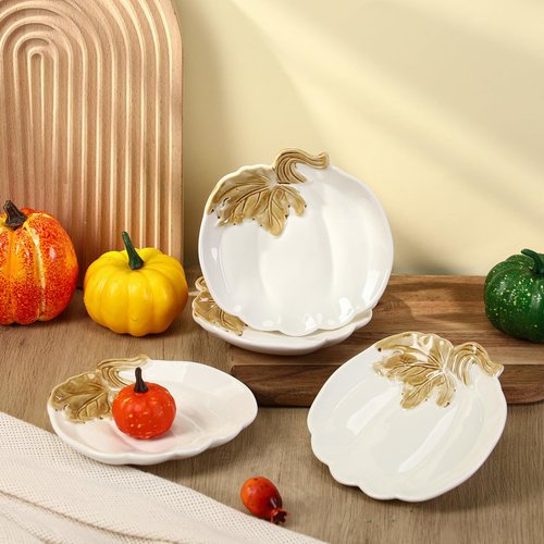 FillTouch 4 Pcs 5.91'' Ceramic Pumpkin Plates Fall Thanksgiving Candy Dishes Platters Harvest Serving Bowl for Thanksgiving Halloween Autumn Party Supplies Dinnerware