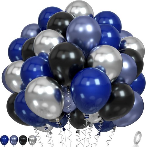 Blue and Black Balloons - Metallic Navy Blue & Silver Latex Balloons for Birthday & Baby Shower