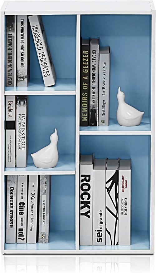Furinno LUDER 5-Cube Bookshelf - Reversible Design, Easy Assembly | White & Light Blue, 9.4 x 19.5 x 31.5