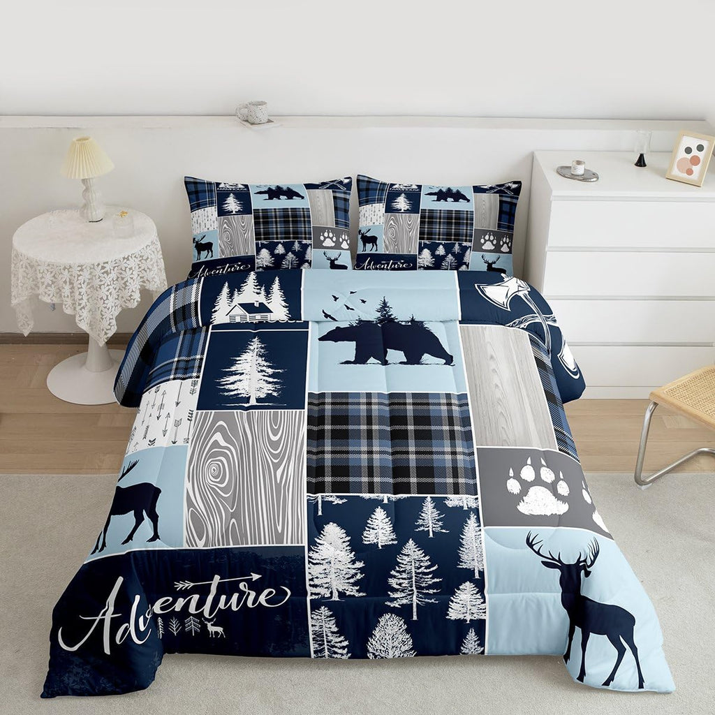 Hunting Bear Deer Duvet Sets,Christmas Buffalo Plaid Comforter Set Queen Size Rustic Cabin Patchwork Bedding Set For Kids Boys Teens Adult,Farmhouse Cowboy Woodland Quilt,2 Pillow Cases,Blue Grey