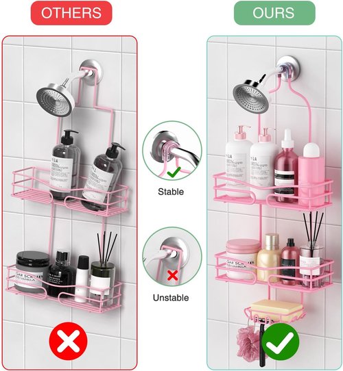 DAOYA 3-Tier Pink Overhead Shower Caddy - Bathroom Organizer with Soap Holder & 6 Hooks