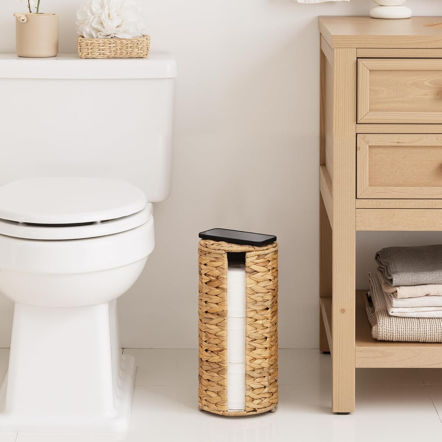 StorageWorks Toilet Paper Holder Stand - Free Standing Design with Built-in Cloth Lining | Holds 3 Rolls