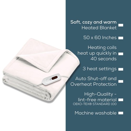 Beurer HD61 Super-Cozy Heated Blanket - Fast Heating Electric Blanket with 4 Heat Settings, Machine Washable Fabric, 4 hrs Auto Shut Off,Warm Heated Throw Blanket (50 x 60 inches)