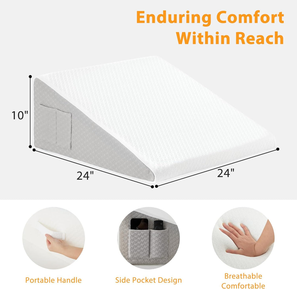 Ruqmuis Wedge Pillow - Acid Reflux Relief & Back Pain Support | 10" Triangle Pillow with Cover, White