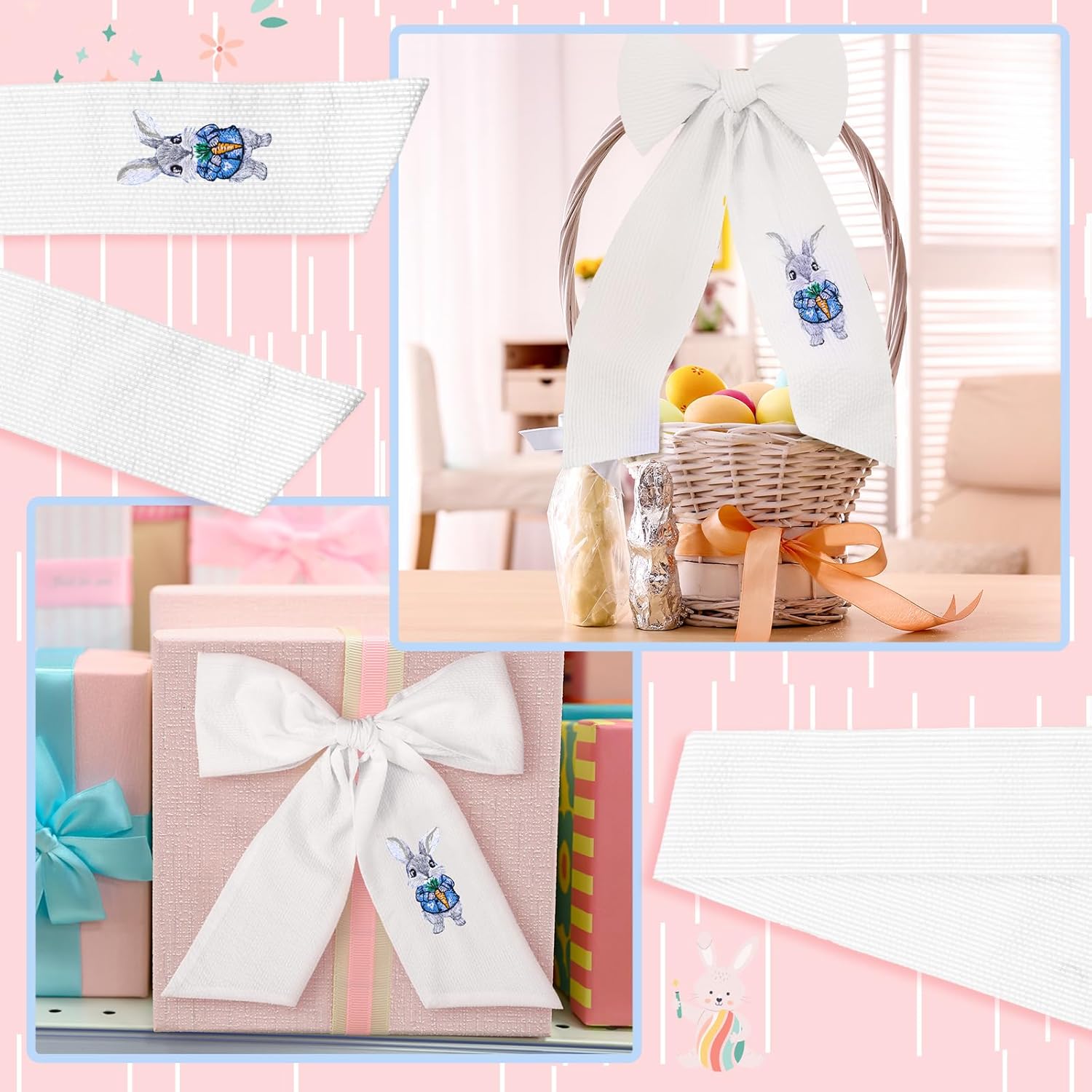 Wavwavw Seersucker Easter Basket - Embroidered Bunny Design with Large Pastel Gift Bow | White