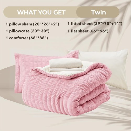 HYMOKEGE Twin Comforter Set - Luxury 5-Piece Seersucker Bedding in Pink/Ivory for All Seasons
