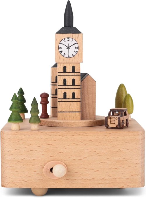 Cottage Garden Big Ben Car - Woodgrain 6-Inch Beech Wind-Up Musical Figurine for Collectors