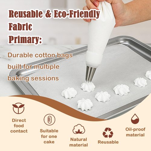 14-Piece Reusable Piping Bags and Tips Set- Cotton Baking Kit with Coupler, Stainless Steel Nozzles,Silicone Cable Ties& Cleaner for Cakes/Cupcakes/Cookies Decorating (14)