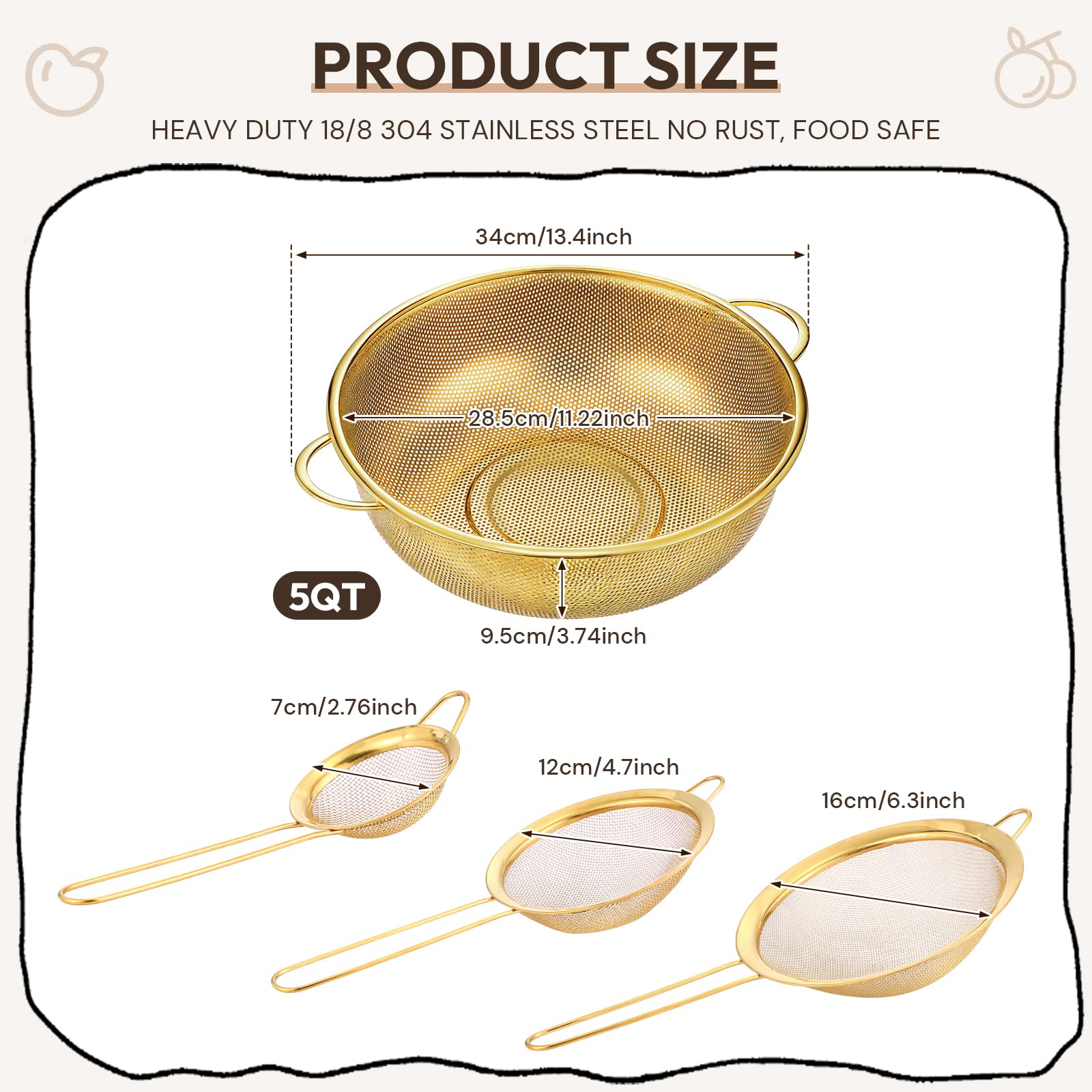 Baderke 3 Quart Stainless Steel Gold Colander and 3 Pcs Fine Mesh Strainer with Handles Gold Kitchen Accessories for Kitchen Draining Rinsing Serving Food Pasta Rice Vegetables