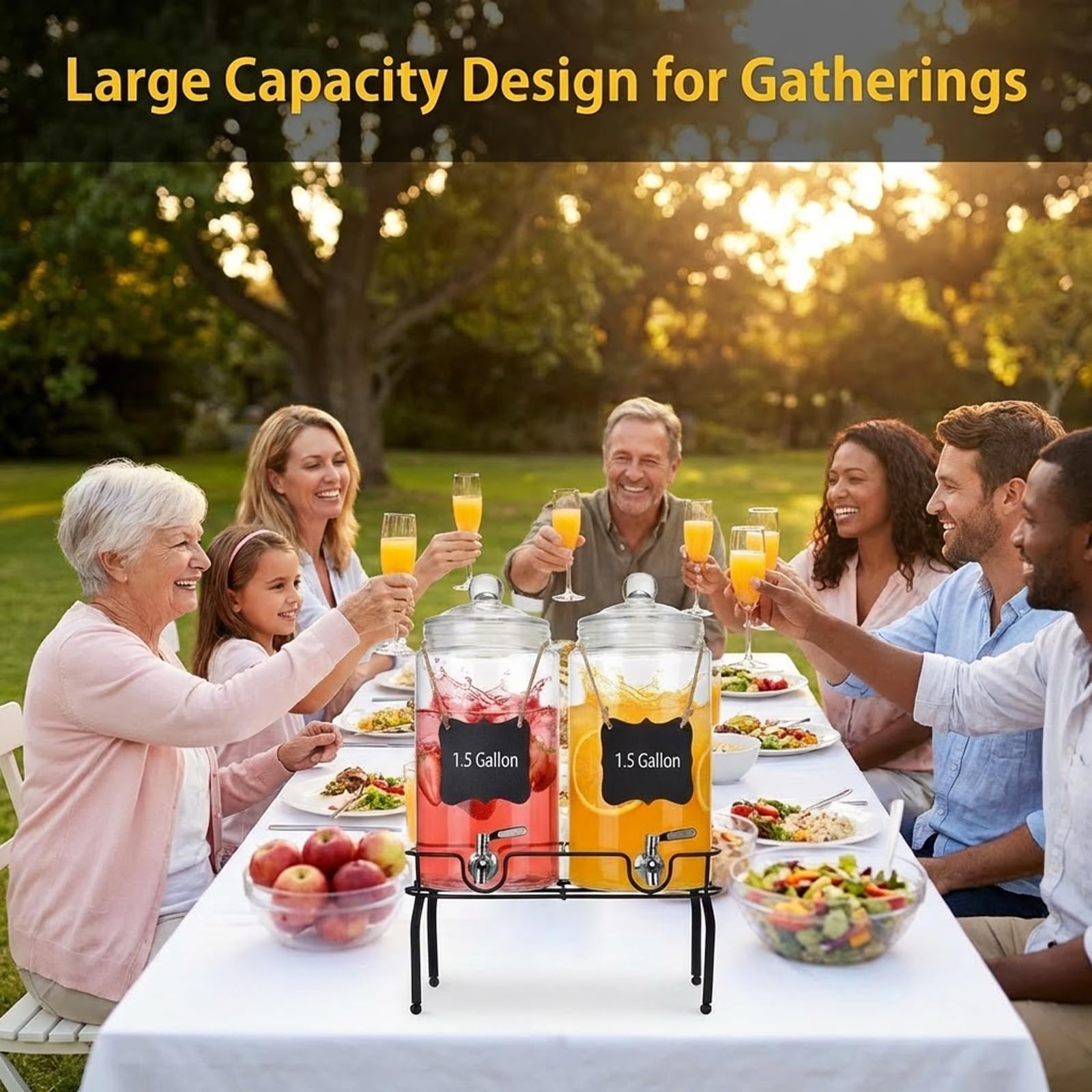 1.5 Gallon Glass Drink Dispenser Set of 2, Drink Dispensers for Parties, Beverage Dispenser with Stand and Glass Lid, 100% Leakproof Spigot, Ideal for Lemonade, Juice, Laundry Detergent