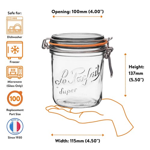 Le Parfait Super Terrine - 750ml French Glass Canning Jar w/Straight Body, Airtight Rubber Seal & Glass Lid, 24oz/Pint & Half (Single Jar)