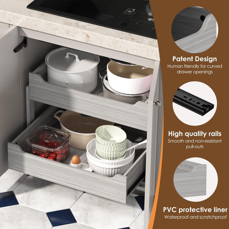 Landmok Pull Out Drawers For Cabinets, 18" W x 21.65" D x 17" H Slide Out Wooden Pull out Drawers, 2-Tier, Heavy-Duty Base Bottom Assembly Slide out Drawer Shelf Cabinet Organization for Kitchen, Gray