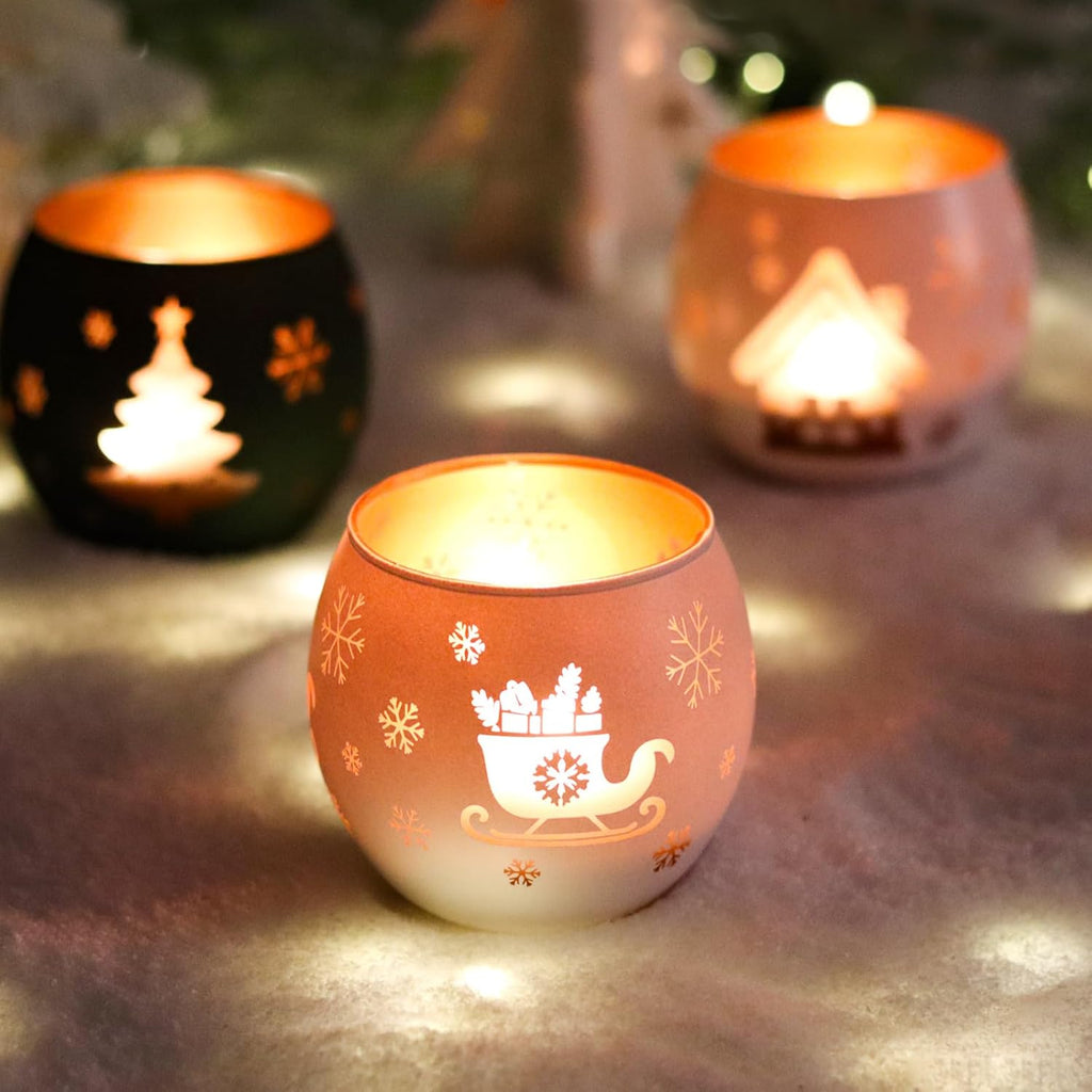 Skiennix Christmas Candle Holders - Set of 4 Frosted Glass Tealight Votives | Holiday Table Centerpiece (Red, Green, White)