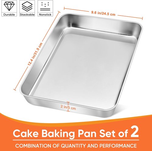 Herogo Rectangle Cake Pan Set - 9 X 12 X 2 Inch Stainless Steel Bakeware for Lasagna, Brownies & Cakes