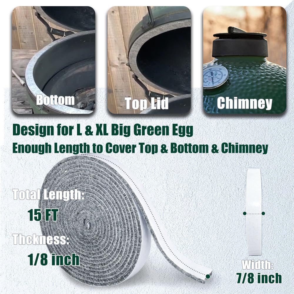 DOLAMOTY High Temp Gasket Replacement for Big Green Egg Parts Large/XLarge, for Big Green Egg Accessories Smoker BGE Gasket Pre-Shrunk Accessories Self Stick Felt, 7/8" Wide 15ft Long
