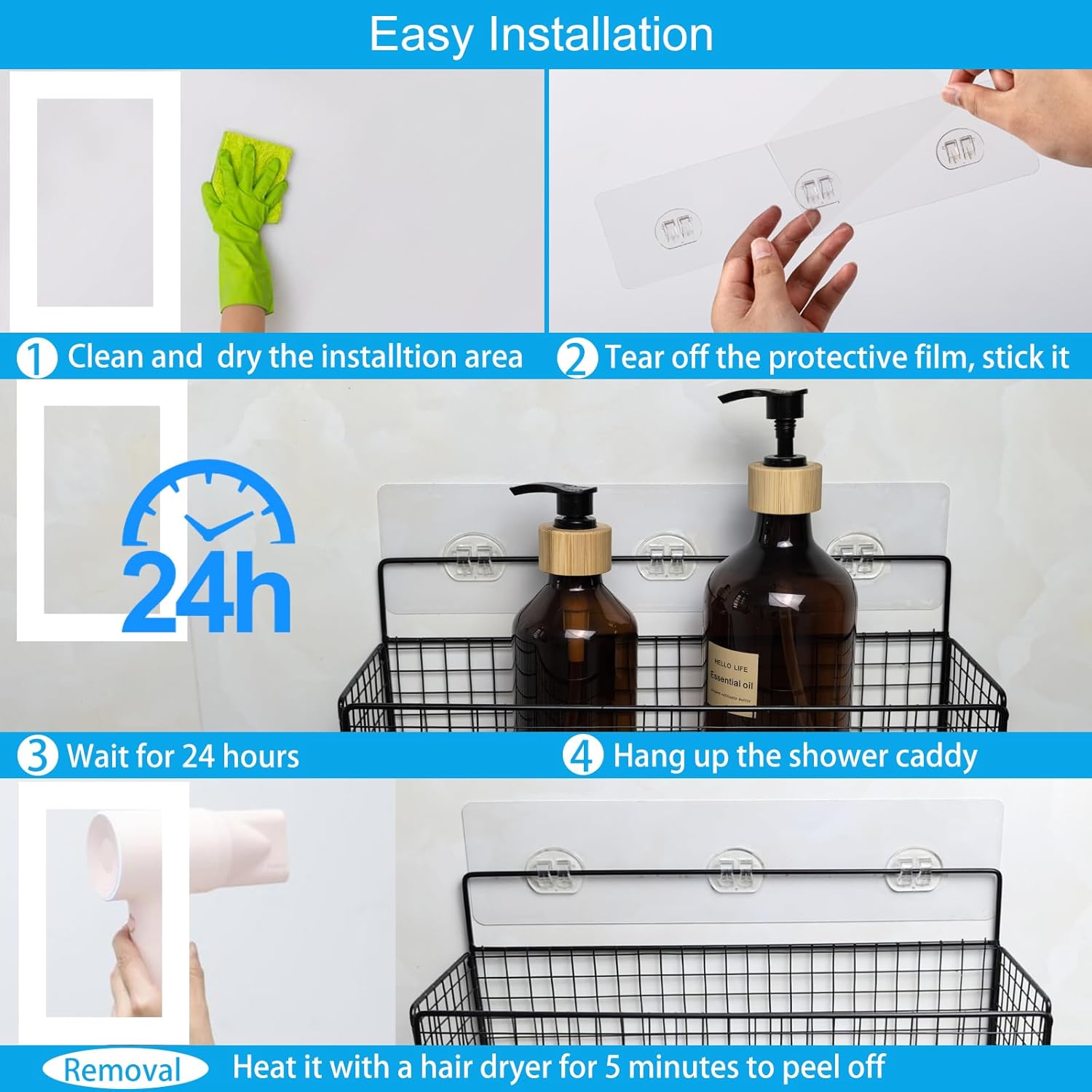 Skiennix Shower Caddy Adhesive Replacement - No Drilling, Strong Sticker Hooks for Shelves | 15 Pack