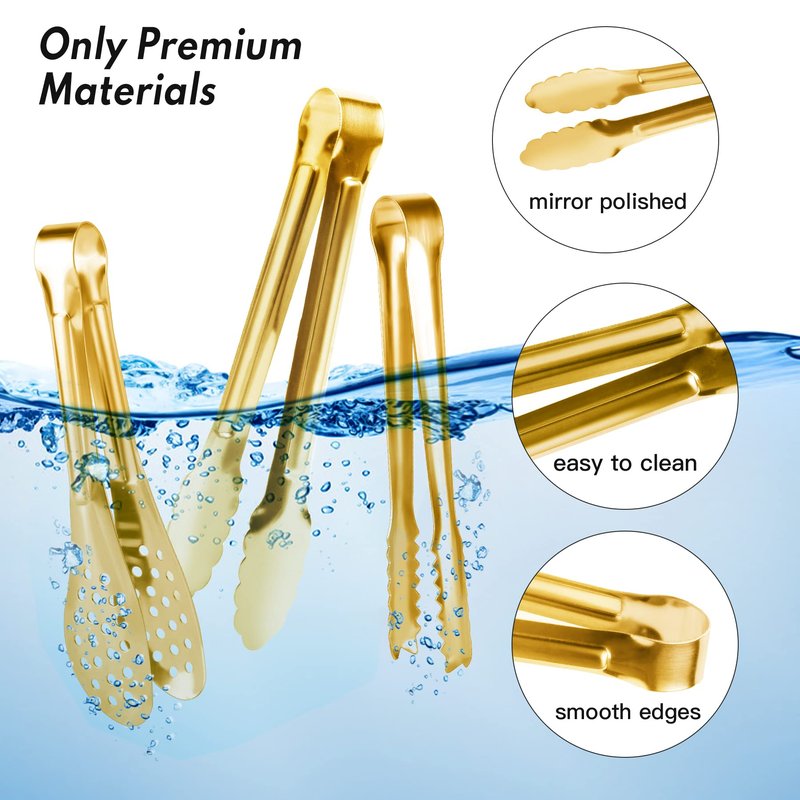 12 Pack Gold Premium Small Serving Tongs, Dmoera Mini Stainless Steel Appetizer Tongs, 5 Inch(12.7cm)
