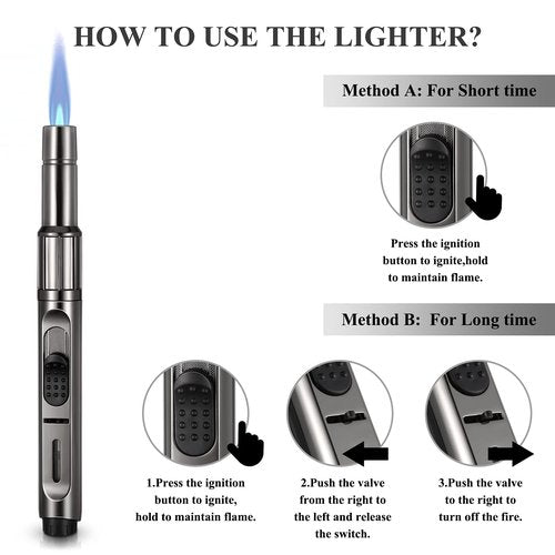 Butane Torch With Long Refillable Kitchen Lighter, Visible Fuel Window, Adjustable Jet Flame Pen for Grill, Fireplace (Black1)