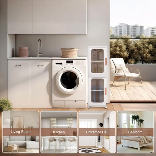 FAHKNS 2-Tier Narrow Storage Cabinet with Transparent Doors and Adjustable Shelves, Ideal Bathroom Organizer and Storage Cabinet for Compact Space, Bathroom, Kitchen, Laundry