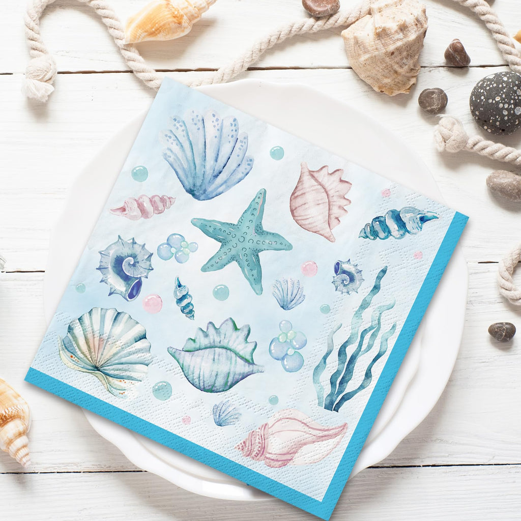JarThenaAMCS 80Pcs Sea Paper Napkins Blue Starfish Seashell Coral Disposable Napkins Summer Ocean Luncheon Dinner Napkins for Under the Sea Beach Party Supplies
