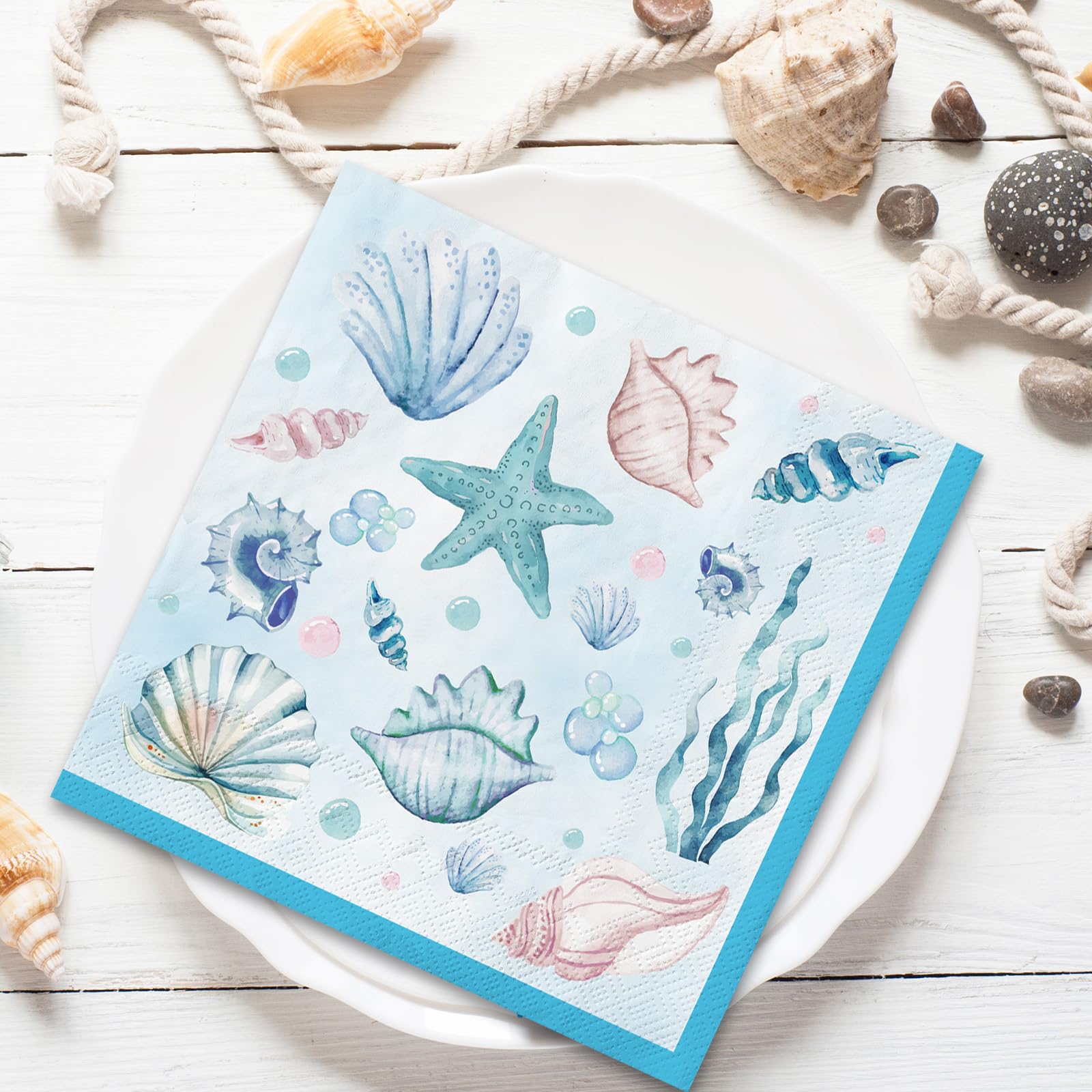 JarThenaAMCS 80Pcs Sea Paper Napkins Blue Starfish Seashell Coral Disposable Napkins Summer Ocean Luncheon Dinner Napkins for Under the Sea Beach Party Supplies