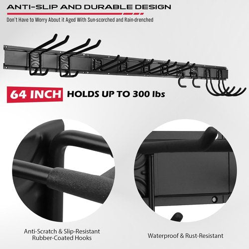 "SEDY 64" Heavy Duty Garage Tool Organizer - Wall-Mounted Rack with Adjustable Hooks, Anti-Rust, 300lbs Capacity | Easy Installation (10 Hooks, 4 Rails, 3 Straps)