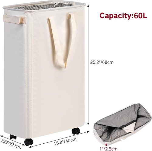 Efluky Slim Laundry Hamper - Rolling Laundry Basket with Wheels | 60L Capacity in Beige for Bedroom & Dorm