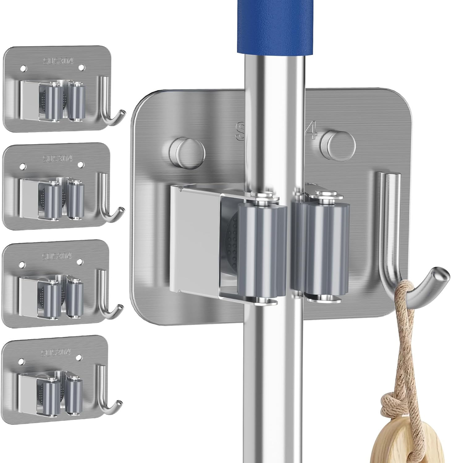 Skiennix Stainless Steel Mop & Broom Gripper - Wall Mount Holder with Hook | 4 Pack, Silver