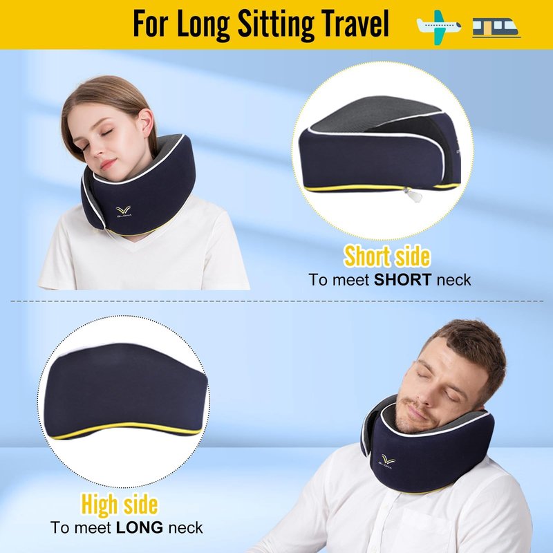 Glowa 2.0 Travel Neck Pillow, Ergonomic Chin Support for Airplane & Car, Breathable & Washable Cover, Lightweight Compact for Travel。(Navy Blue)