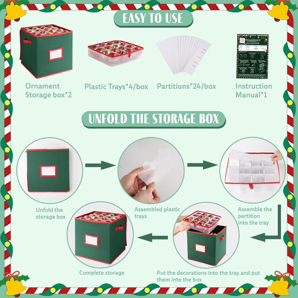 OIAHOMY Ornament Storage Box - 2 Pack Holds 64 Balls Each | Durable 600D Oxford Fabric - Green