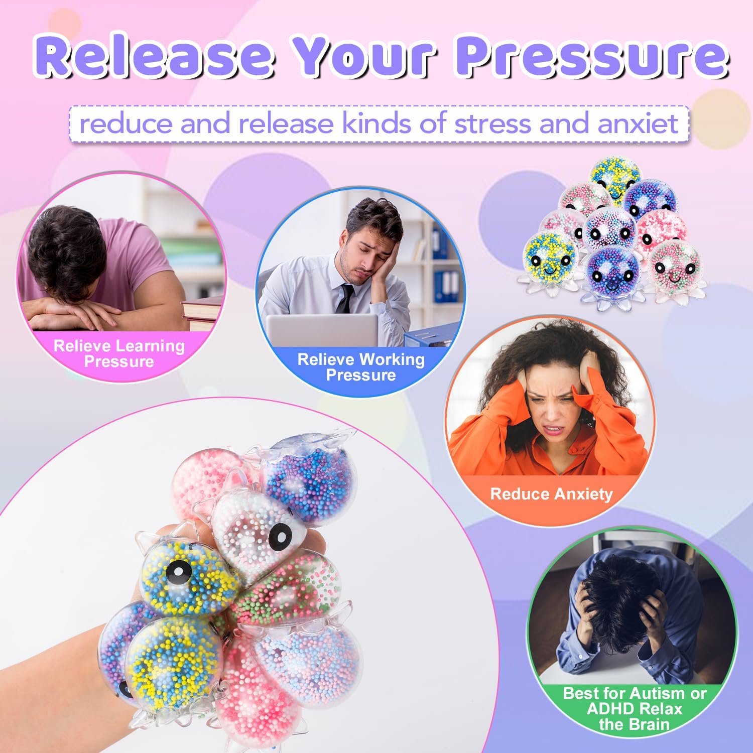 Skiennix Fidget Stress Balls - 12 Pack Cute Octopus Squeeze Balls for Stress Relief & Party Favors
