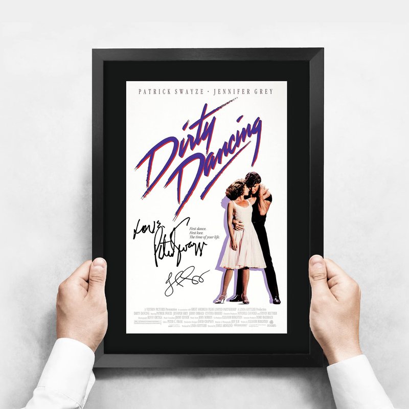 HWC Trading Dirty Dancing Movie Poster Cast Signed Patrick Swayze Jennifer Grey 16 x 12 inch Framed Gift Printed Autograph Film Print Photo Picture Display - 16" x 12" Framed