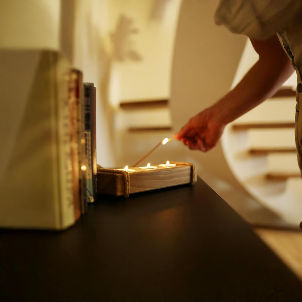 Rustic Wooden Tealight Candle Holder - Farmhouse Table Decor - 3 Tea Light Tray in Brown