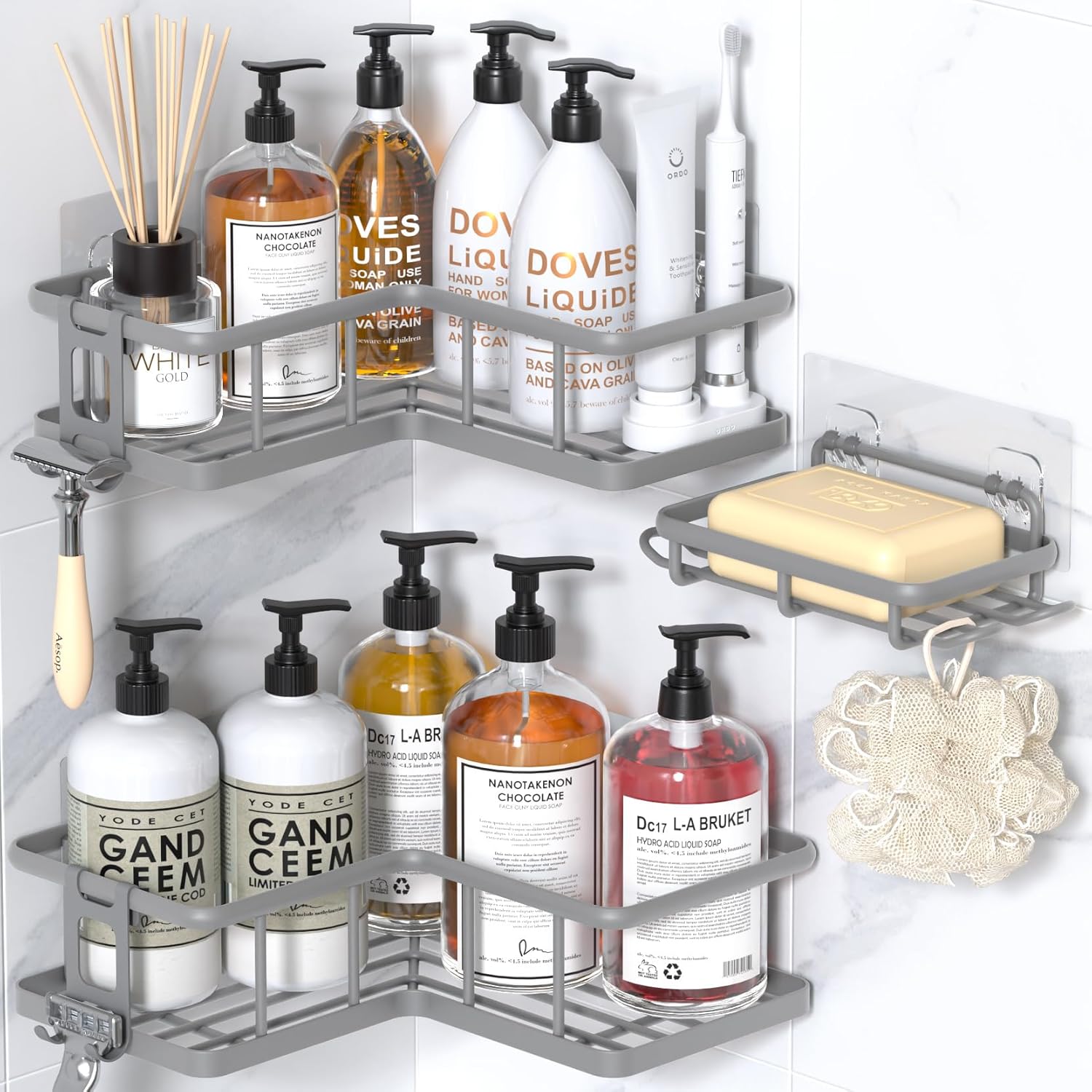 YASONIC Shower Caddy - 3-Pack Rustproof Stainless Steel Corner Shelves with Soap Holder | Grey