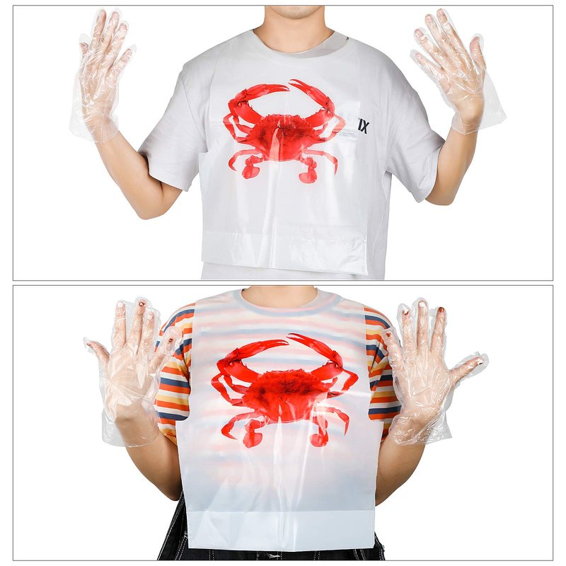Patelai 50pcs Crab Lobster Bibs and 50 Pairs of Plastic Disposable Gloves Disposable Adult Crab Feast Bibs for Seafood(Crab Style)
