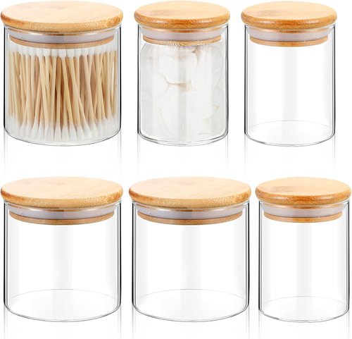 Dandat Glass Apothecary Jars - 6 Pack with Lids for Bathroom Storage | 8.5 oz & 10.8 oz Cotton Ball Dispensers