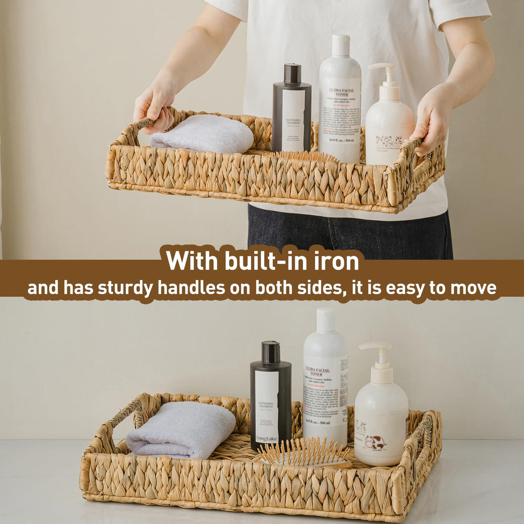 Rectangle Wicker Scalloped Serving Tray with Handles - Seagrass Handwoven Trays,Water Hyacinth Tray for Home Decor and Living Room, Dining Table, Bathroom Organizing, 17.3" L x 13.4" W x 3.6" H