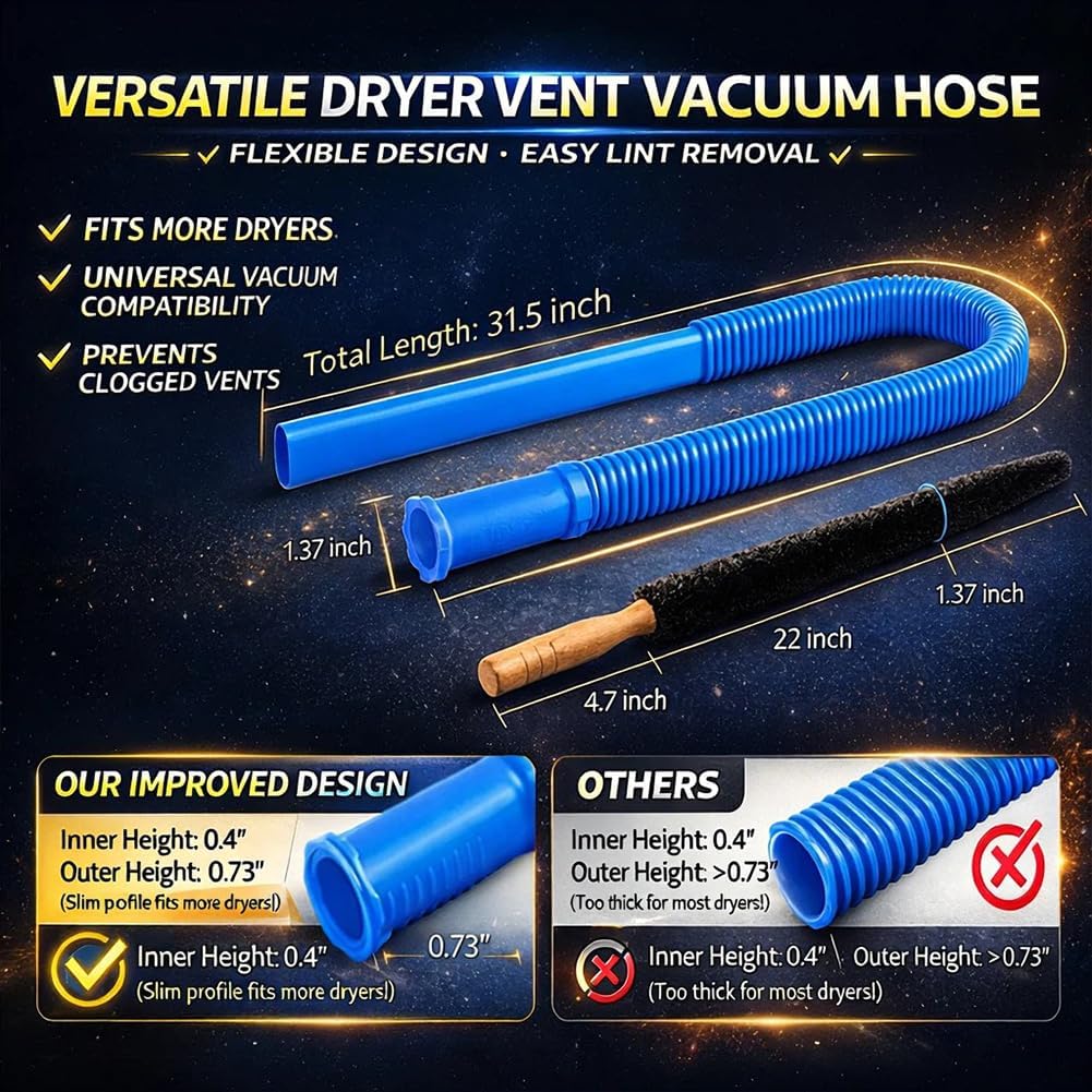 Skiennix Dryer Vacuum Hose Attachment - Universal Lint Removal Tool with Flexible Hose & Brush | Blue