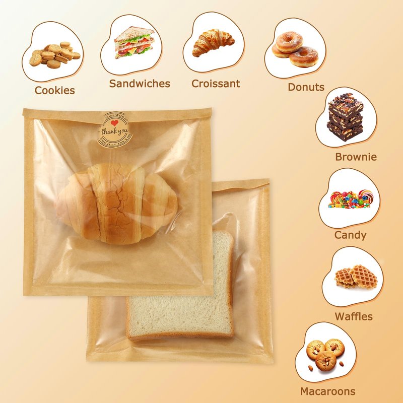 500 Pcs Bakery Bags with Window 5.1 x 7.5 In Paper Sandwich Bags Heat Sealable Cookie Bags with Seal Baked Goods Packaging Bagel Bags for Donut Sandwich Pastries and Other Treats Packaging Favor Bags